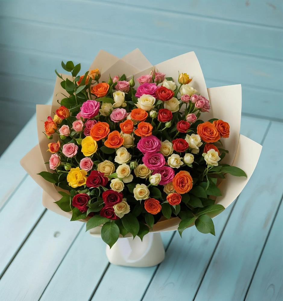 Букет Микс из разноцветных кустовых роз в Таштаголе