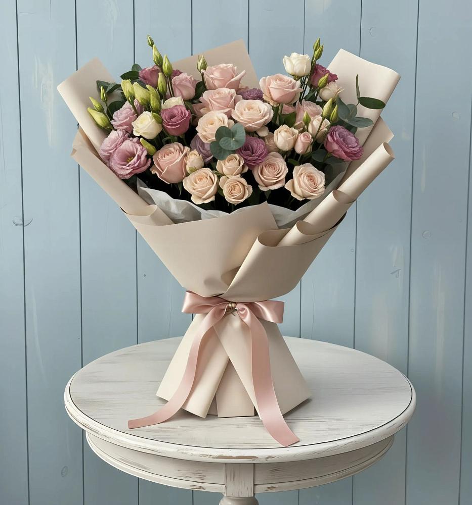 Букет цветов из: Розы и Лизиантусы в Таштаголе